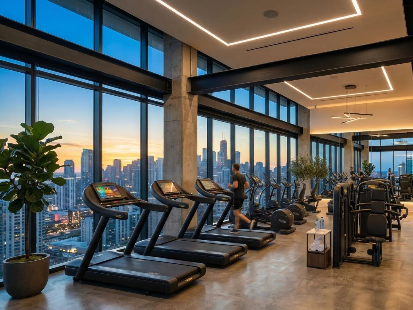 Fitness studio with skyline views