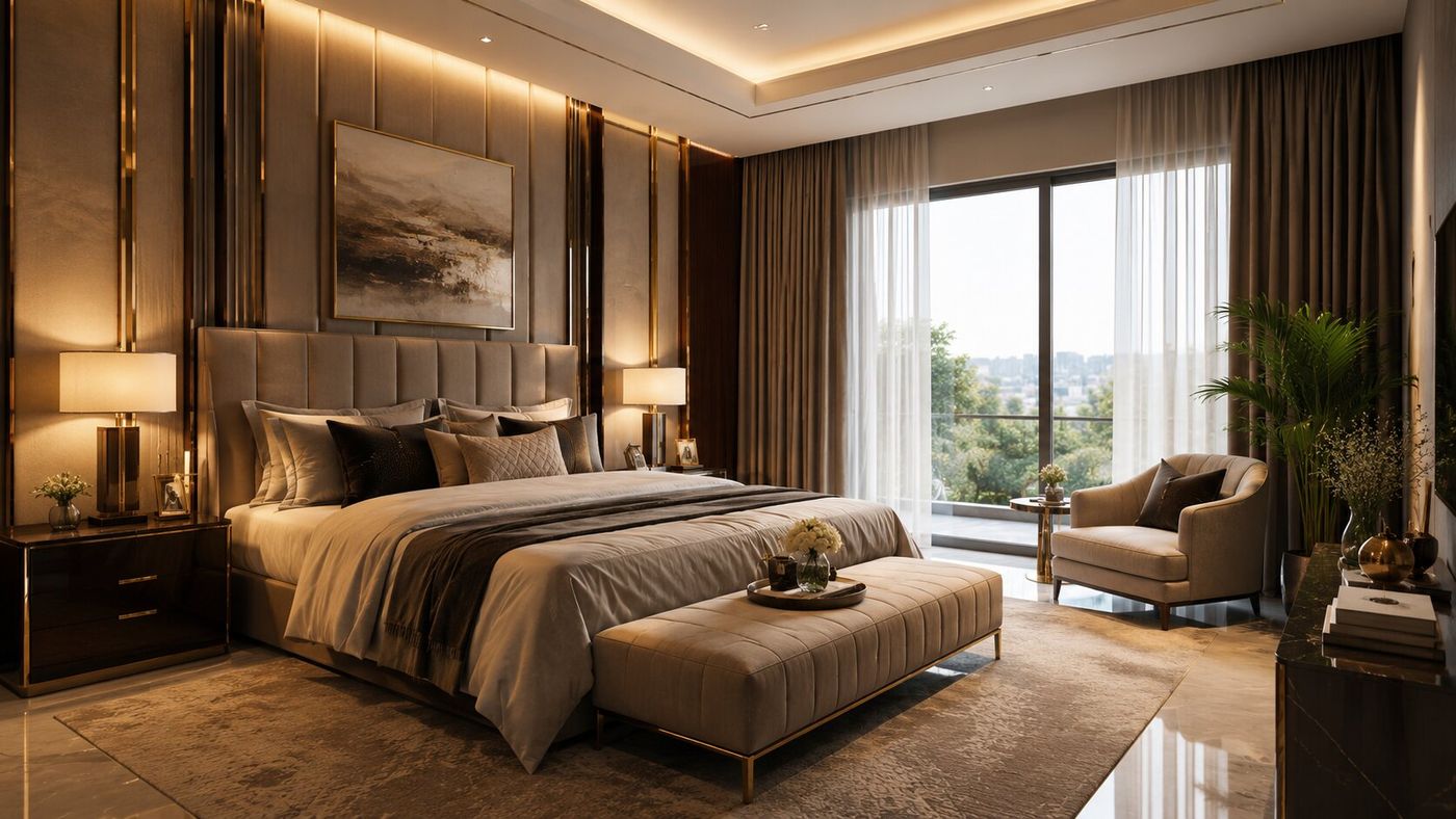Bedroom with balcony and warm lighting