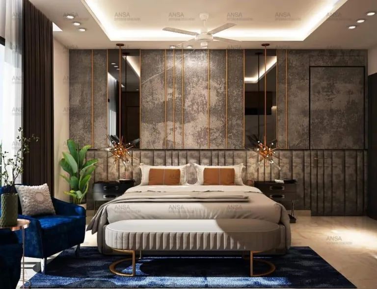 Bedroom with upholstered feature wall