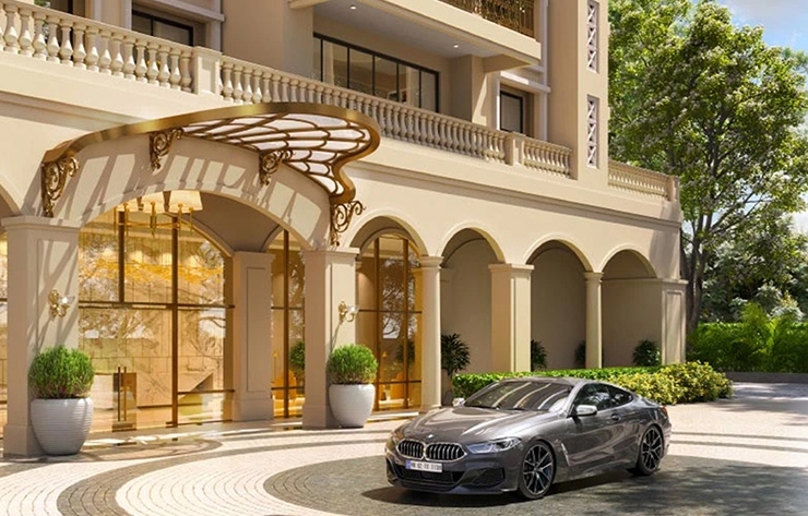 Residential entrance and landscaped driveway, representative image